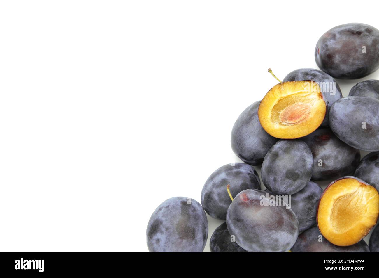 Fresh plum fruit isolated on white background. Clipping path. Top view Stock Photo