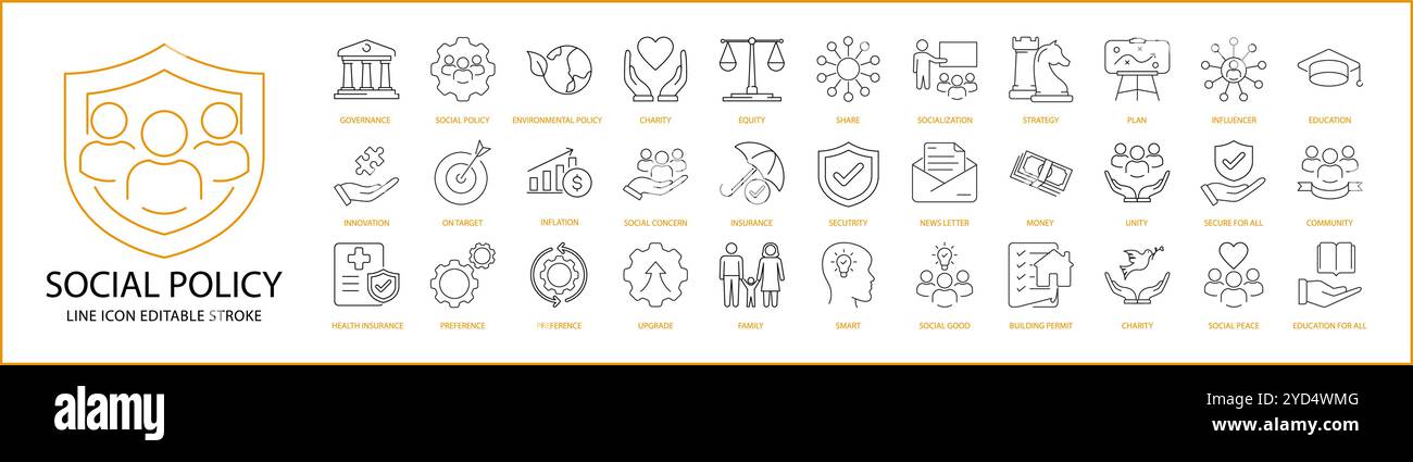 Social Policy Icon set In Line Style. Containing protection, government ...