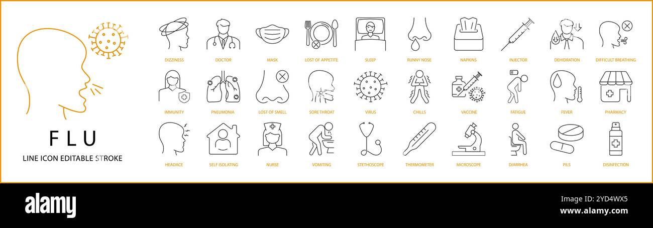 Flu Icon Set In line Style. Flu Icons. Vector Illusstration. Editable Stroke Stock Vector