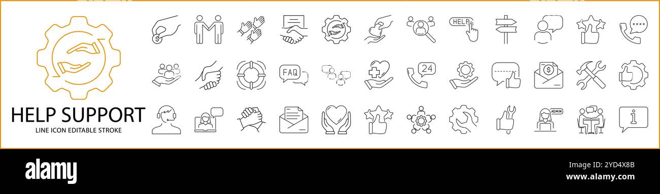 Help And Support icon set in line Style. Help And Support Icons. Vector Illustration. Editable Stroke. Stock Vector