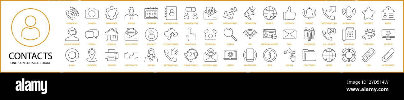 Contact icon Set In Line Style. Contact Icons. VEctor Illustration. Editable Stroke. Stock Vector