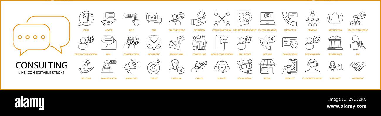 Consulting Icon set In Line Style. Consulting Icons. Vector Illustration. Editable Stroke. Stock Vector