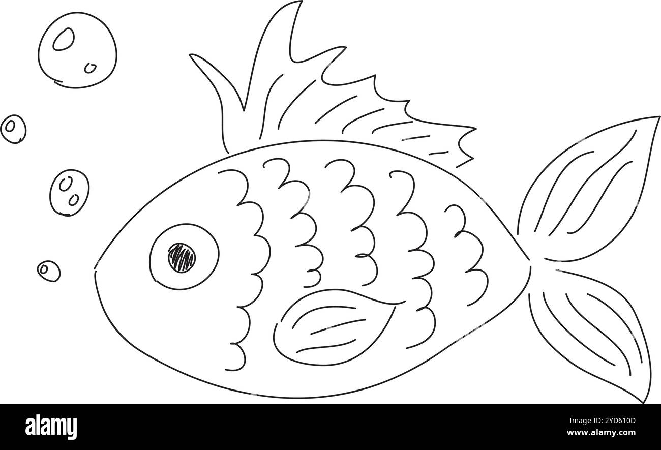 a frightened scallop fish blows bubbles, hand drawn with black brush on ...