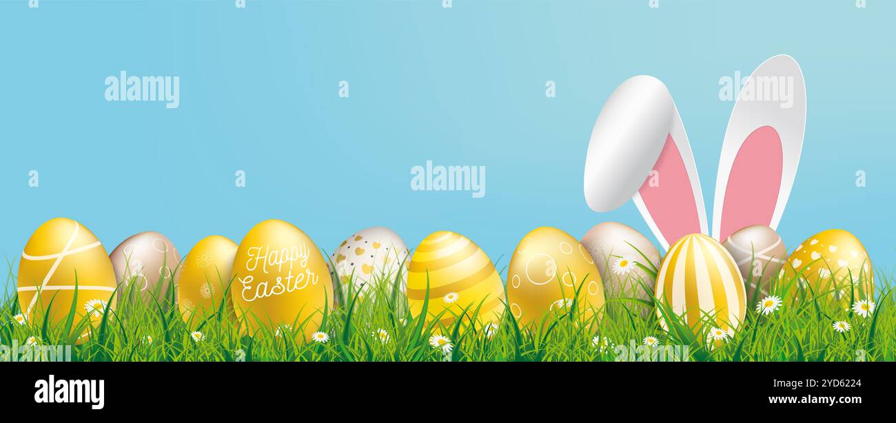 Easter header with golden eggs in grass. Eps 10 vector file. Stock Photo