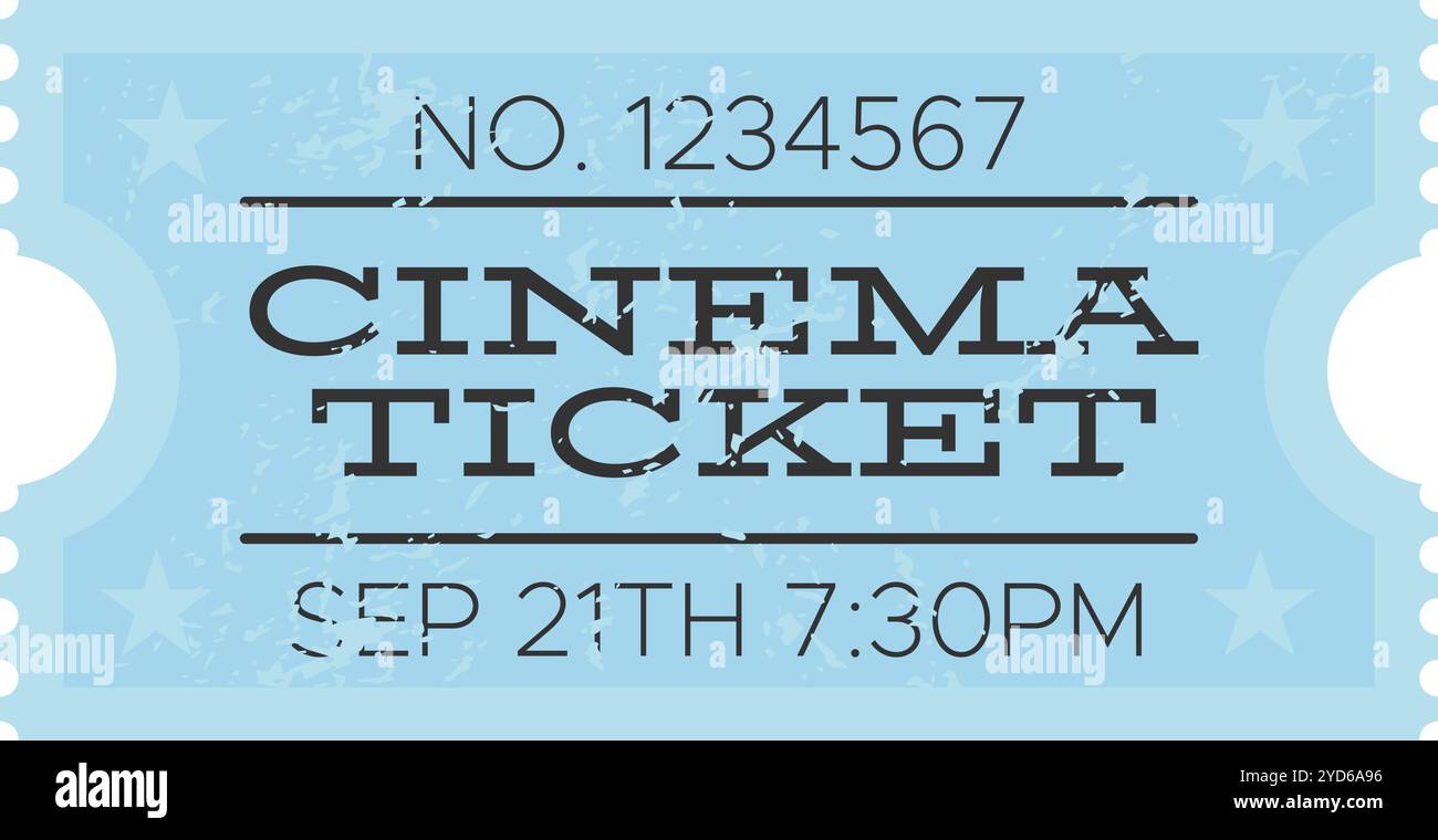 Light blue vintage cinema ticket with number, date and time, isolated on white background, representing entertainment and movies Stock Vector