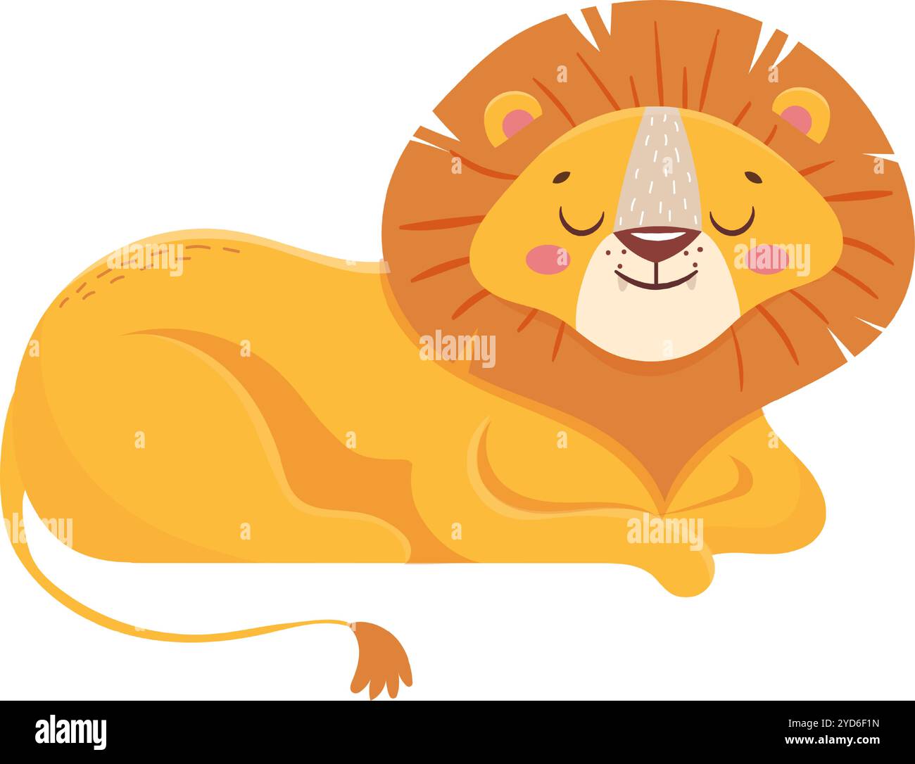 Cartoon illustration of a cute lion cub with closed eyes, lying down and resting, showcasing a peaceful moment in wildlife Stock Vector