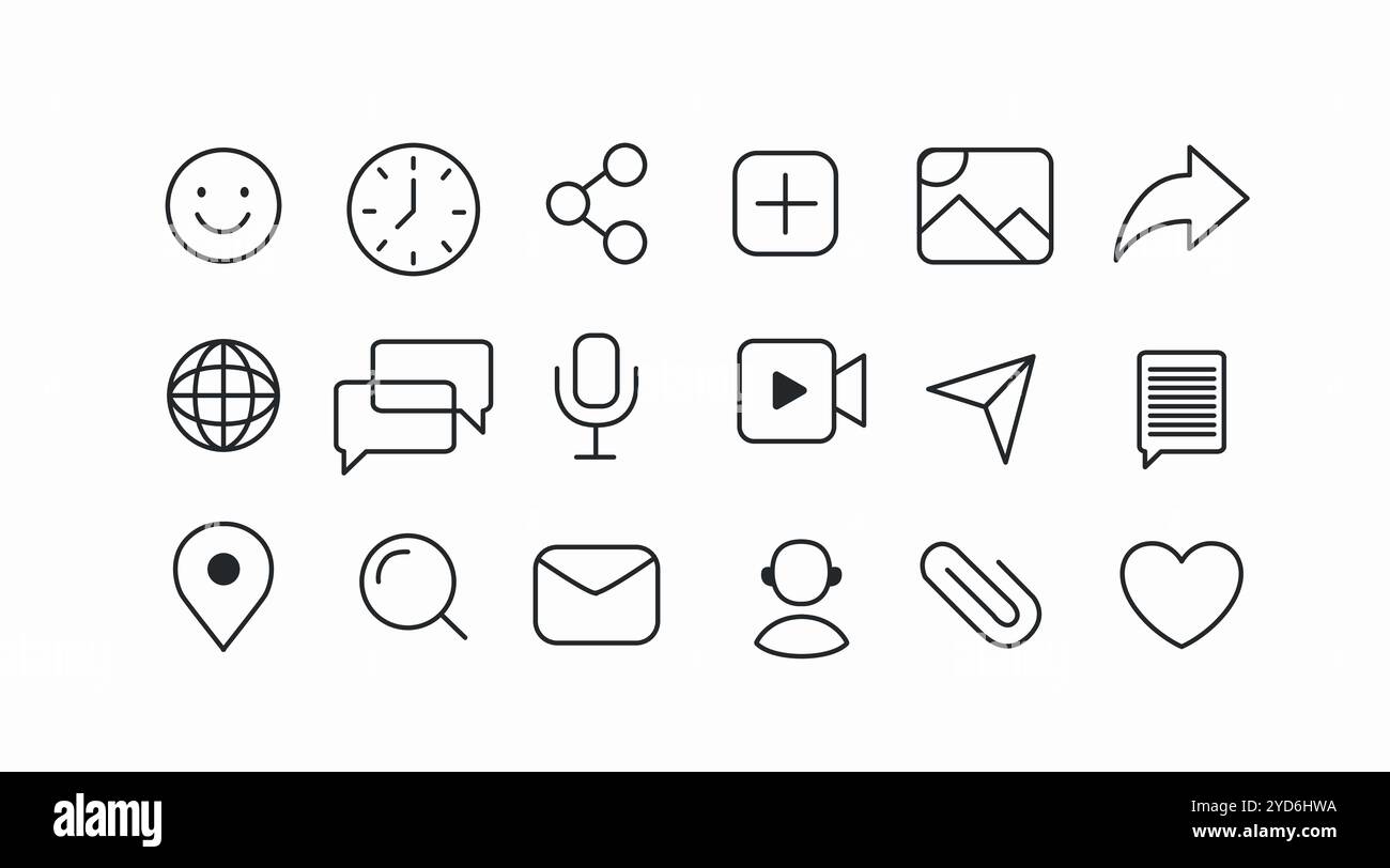 Cute set of action and reaction media vectorial icons. Social media and innternet black and white icon set. Stock Vector
