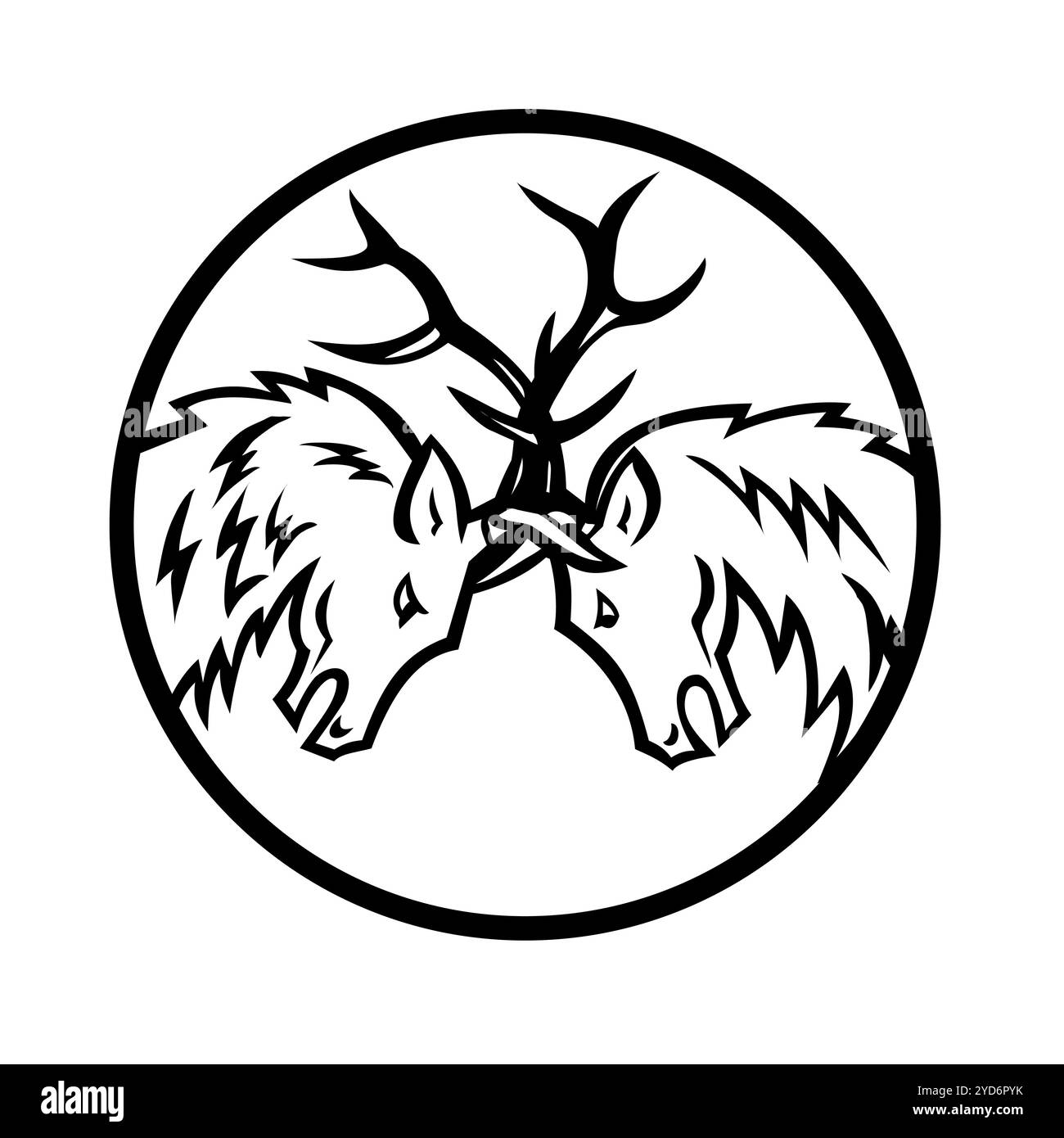 Mascot illustration of two bull elk, Cervus canadensis, or wapiti in fighting in rut butting heads viewed from side set inside circle on isolated back Stock Photo