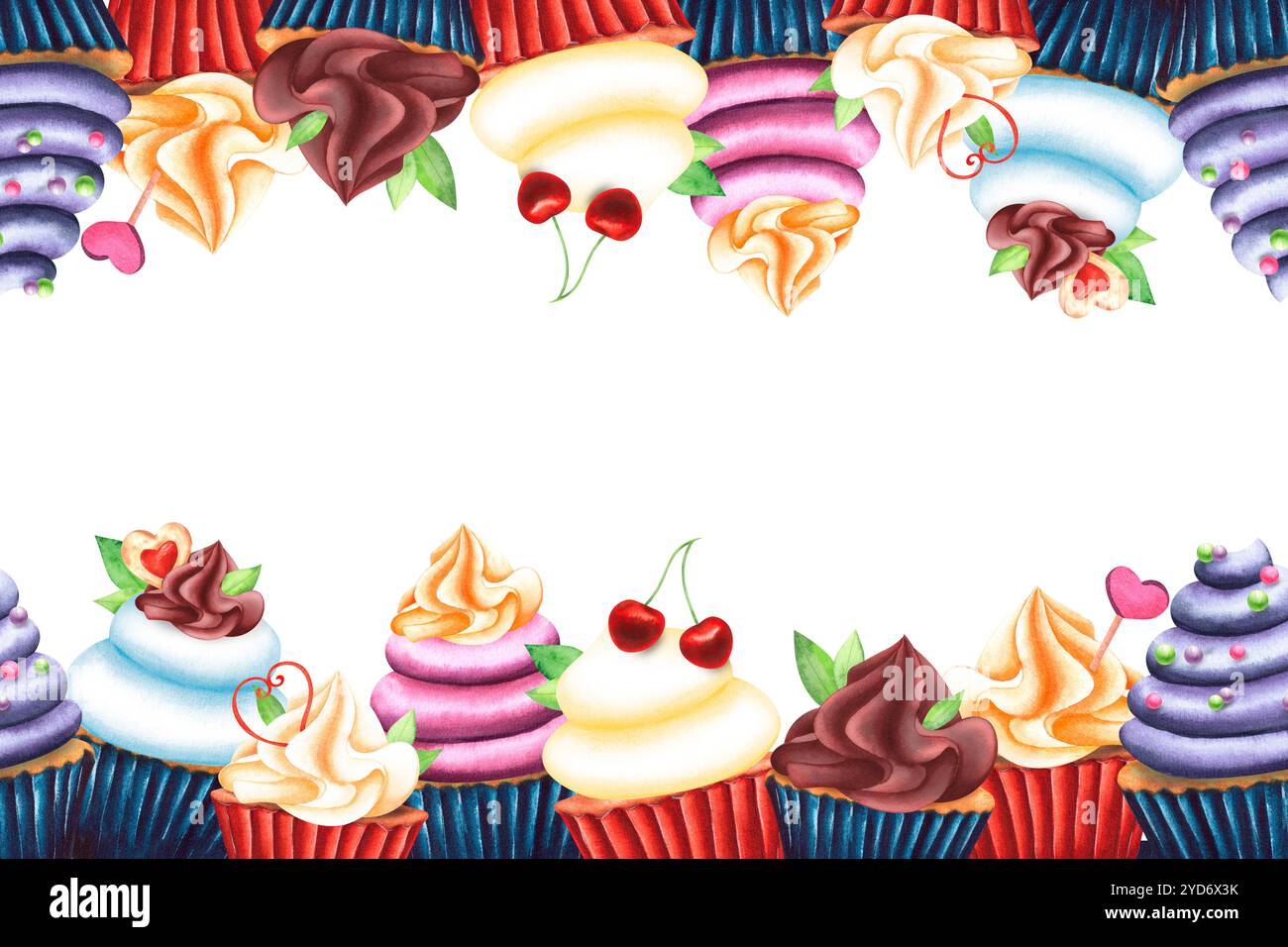 Cakes, cupcakes with meringue and decorated with cookies, cherries, mint. Seamless pattern, frame, banner. Watercolor illustration hand-drawn on a whi Stock Photo