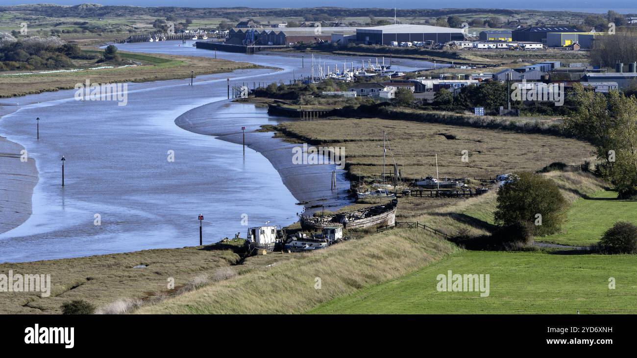 Aerial view of the River Rother south of Rye, East Sussex, England, UK ...