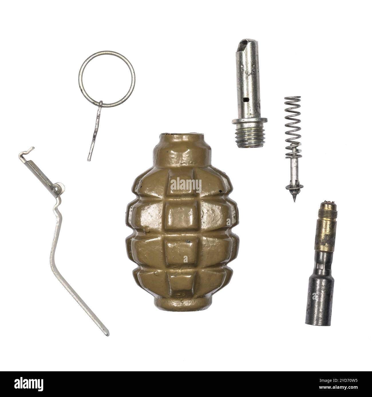 Old Hand shrapnel Grenade Weapon of War parts separate white background weapon of war used by soldiers during battle Stock Photo