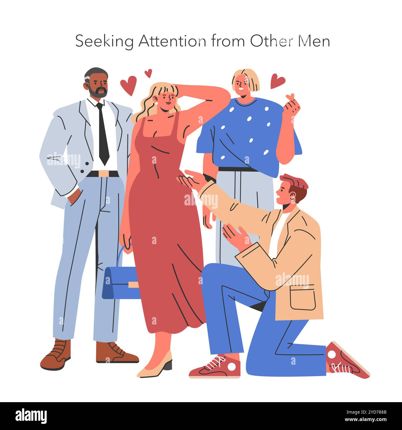 Infidelity concept. A woman receives admiration from multiple men ...