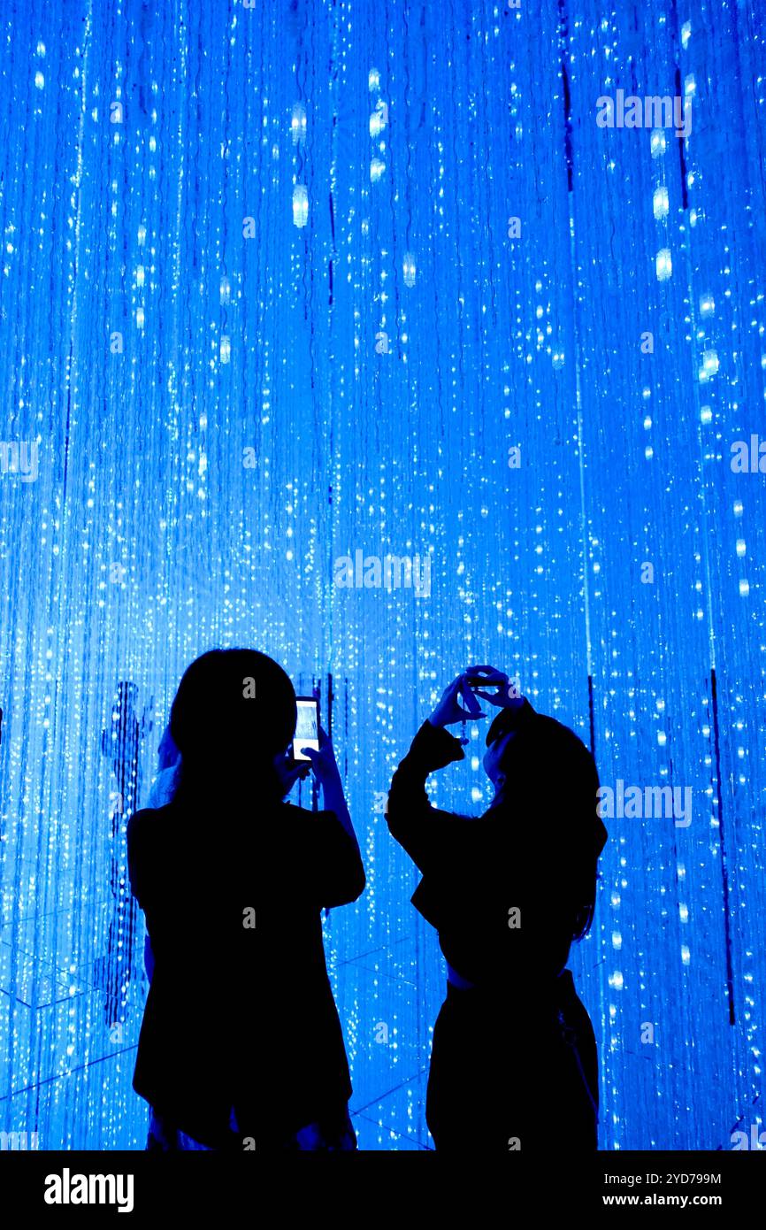 Immersive art exhibition with blue neon lights and silhouettes Stock ...