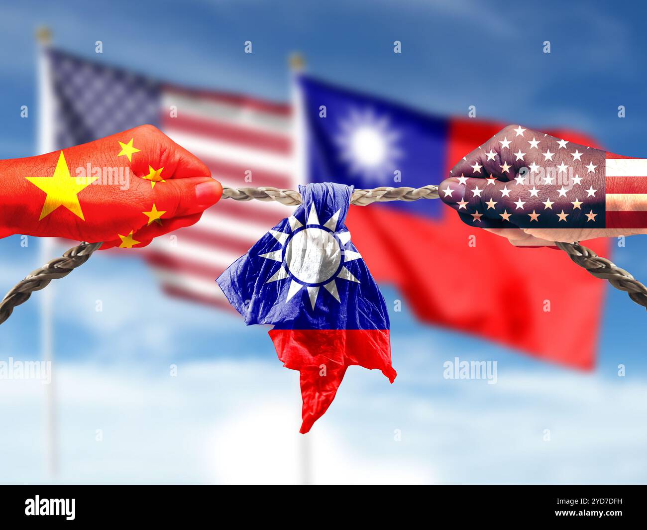 United States and China flags combined fist together. Taiwan flag in ...