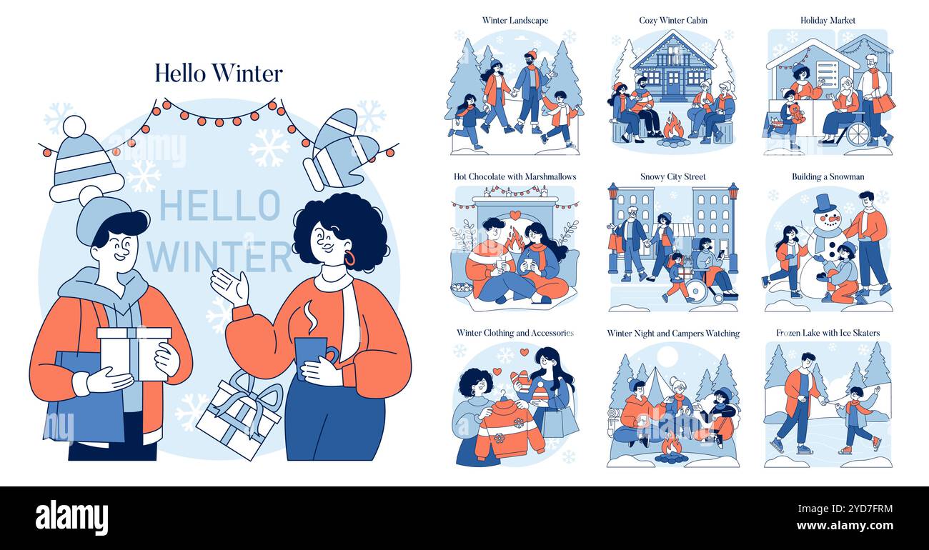 Hello Winter set. Seasonal activities and cozy scenarios set in winter landscapes. Gifting, hot drinks, snow play, and holiday shopping. Vector illustration. Stock Vector