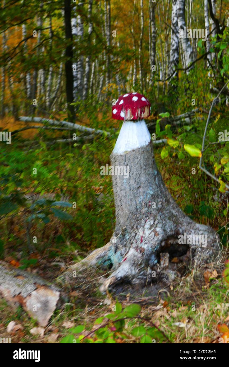 Carved fly agaric in the Duvenstedter Brook nature reserve in autumn, Germany Stock Photo