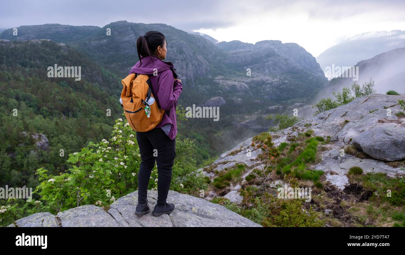 A lone hiker stands on a rocky outcrop, gazing out over a stunning Norwegian fjord landscape. The mist hangs low in the valleys, Stock Photo