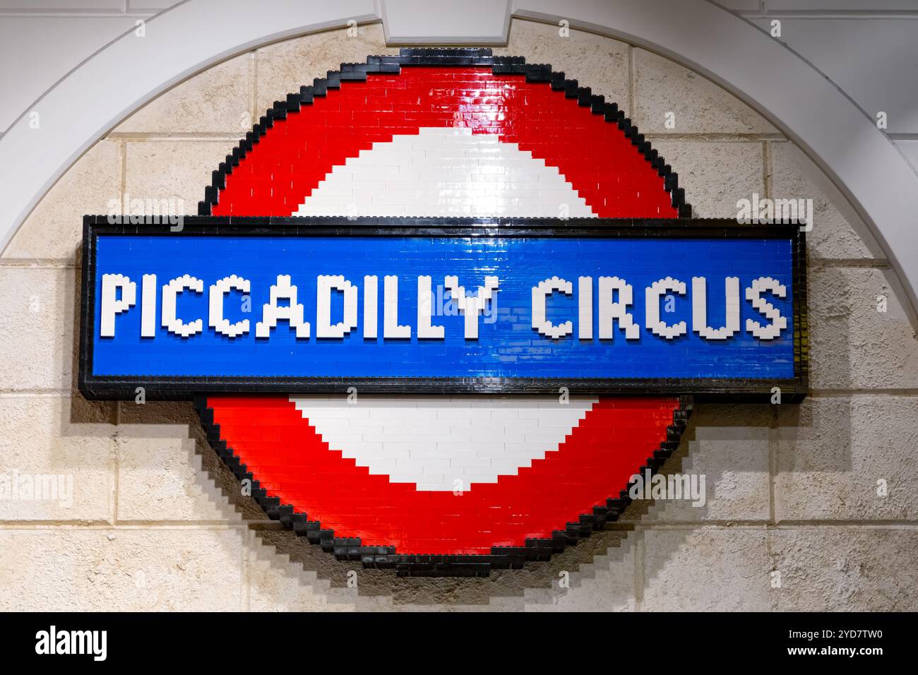 London, UK - 1 Dec 2019: Piccadilly Circus underground sign made of lego on the wall of the flagship Lego Store at Leicester Square, London. Stock Photo