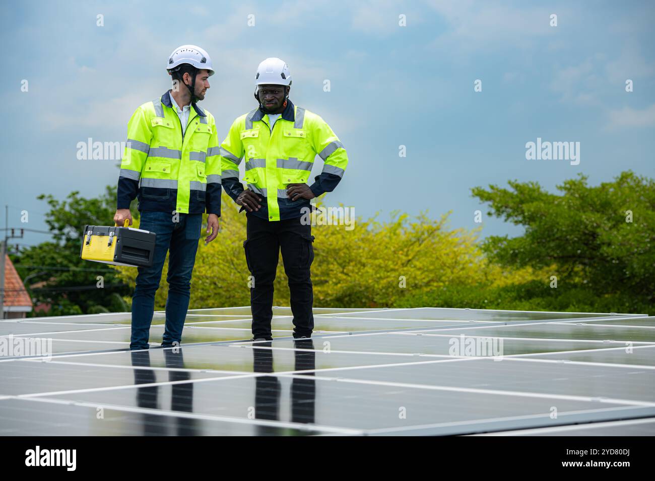 Photo inspiration: Picture Idea: Engineer And Technician Inspects Solar Panel Installation And Test The