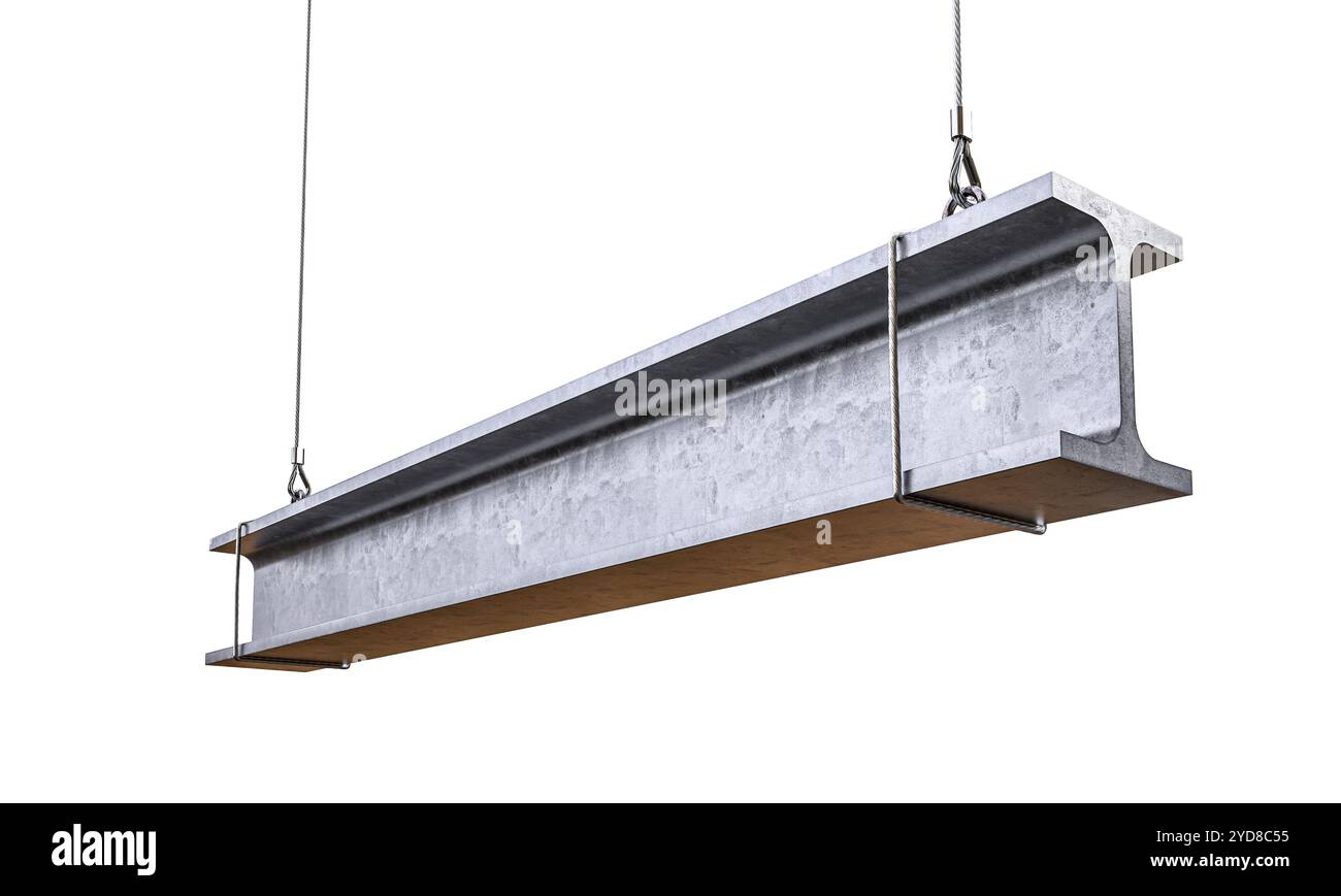 Steel i beam suspended by cables, isolated  transparent background 3d Stock Photo