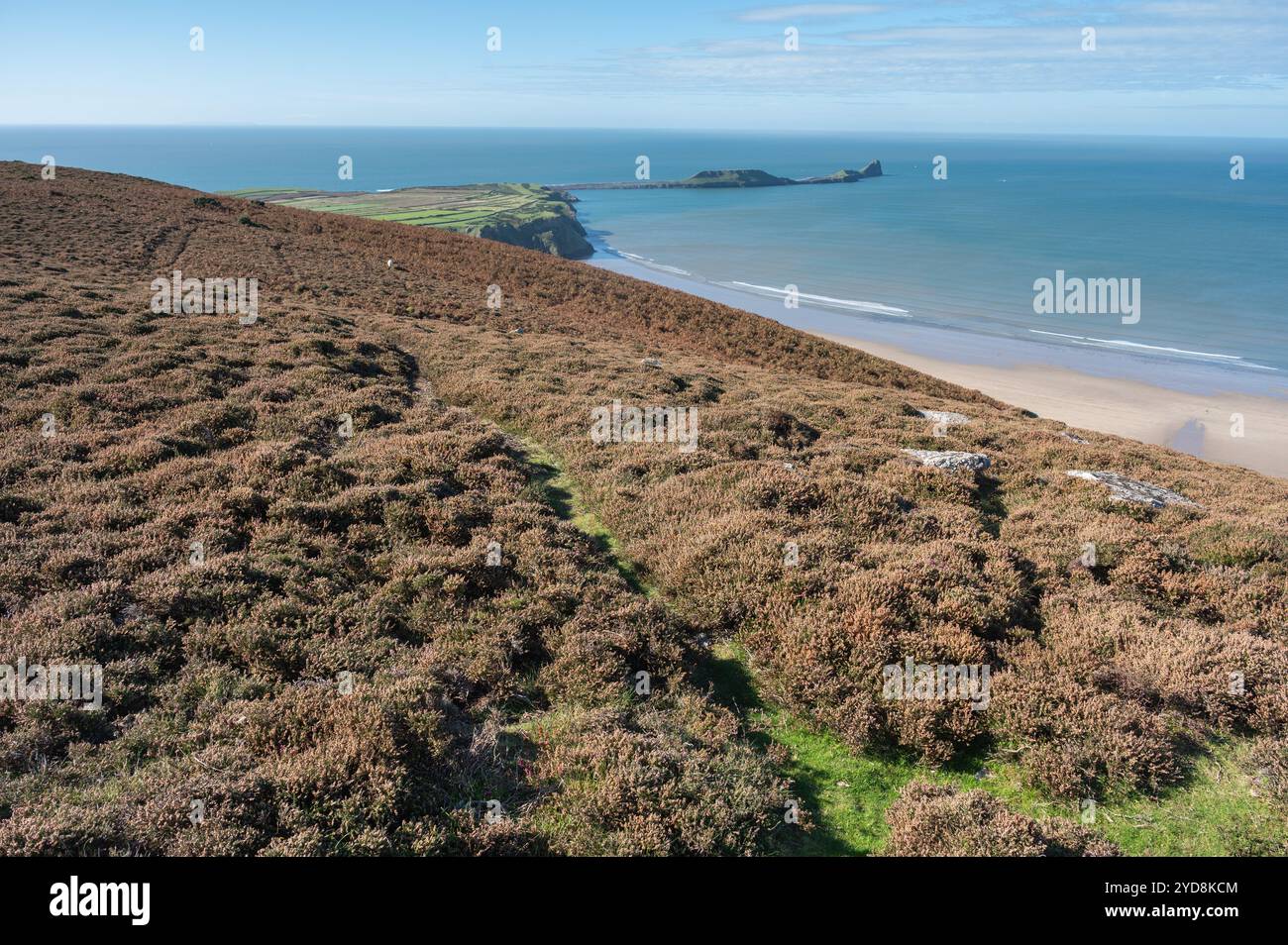 Path leading down from The Beacon and view of Rhossili and Worms Head ...