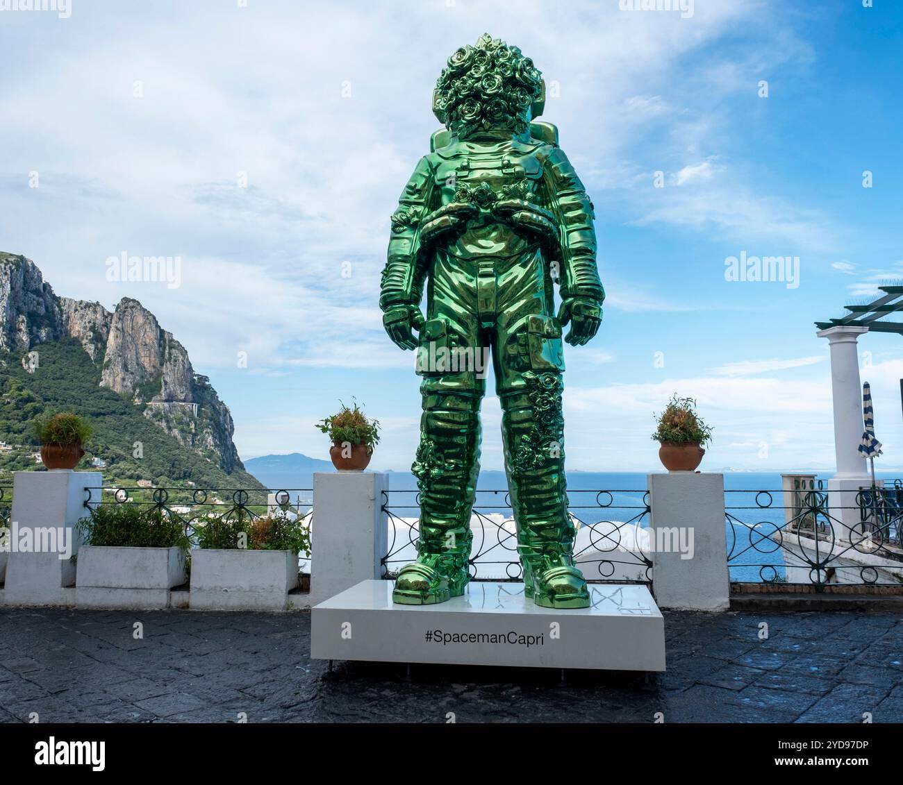 Spaceman Shiny, art installation by Filippo Tincolini in the square of Capri town, Capri,, Campania, Italy Stock Photo