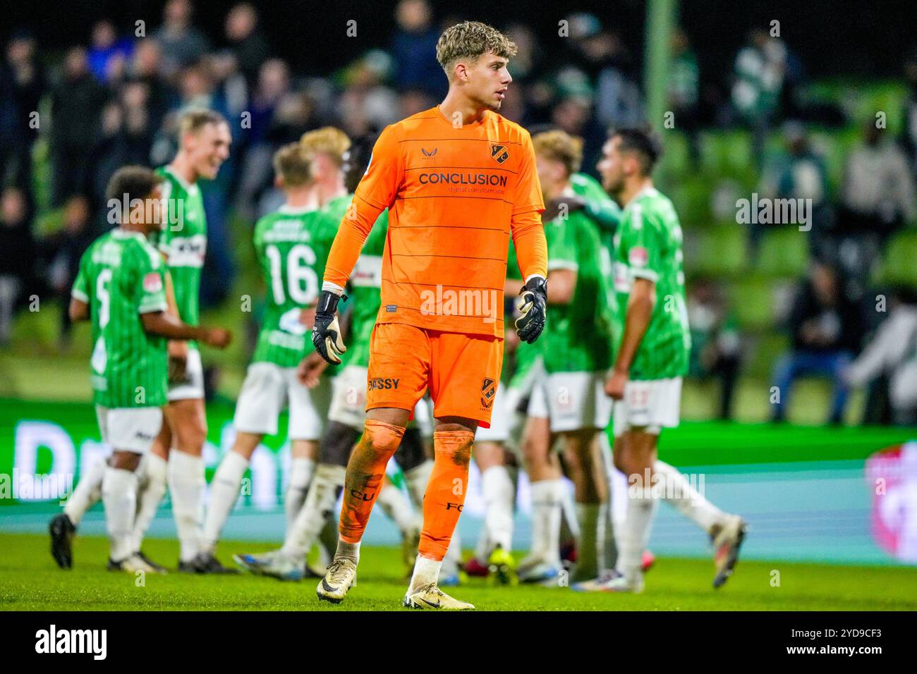 Dordrecht, Netherlands. 25th Oct, 2024. DORDRECHT, 25-10-2024, M-Scores Stadium, Season 2024/2025, Football, Keuken Kampioen Divisie . Match between Dordrecht and Jong Utrecht . Jong Utrecht Goalkeeper Tom de Graaff after the 3-0 scored by FC Dordrecht player Rocco Shein Credit: Pro Shots/Alamy Live News Stock Photo