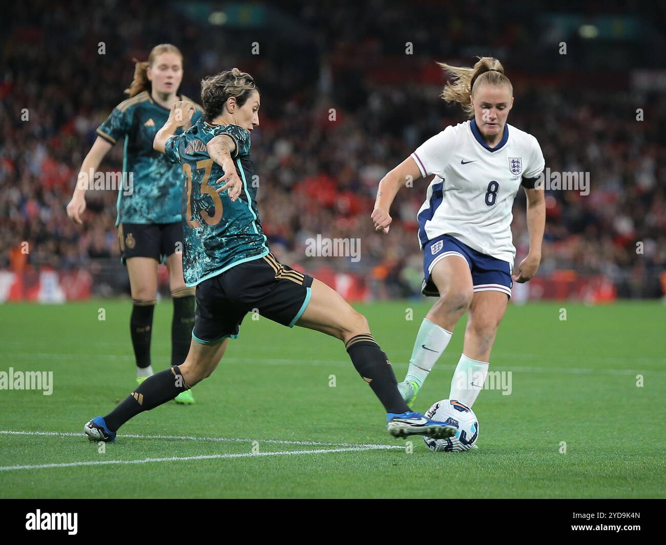 North London, United Kingdom. 25 October, 2024. Sara Doorsoun of Germany and Georgia Stanway of England compete for the ball during the international friendly between England and Germany at Wembley Stadium. Credit: Jay Patel/Alamy Live News Stock Photo