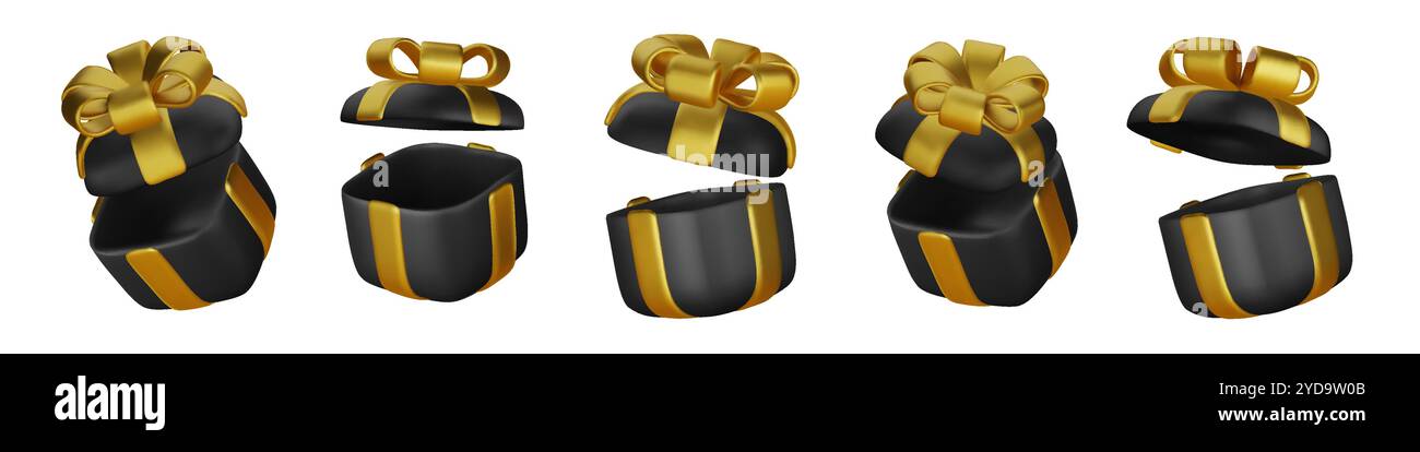 Set of realistic 3d render gift boxes. Black gift box with gold bow and ...
