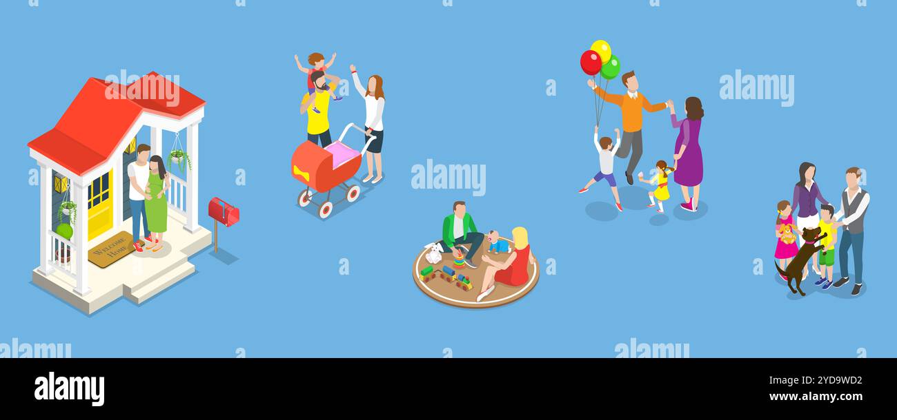3D Isometric Flat Conceptual Illustration of Happy Family Set, Playing ...