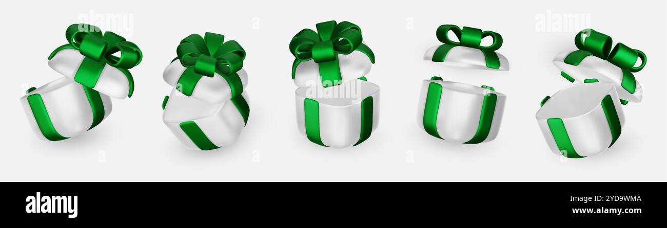 Set of realistic 3d render gift boxes. Gold gift box with green bow and ...