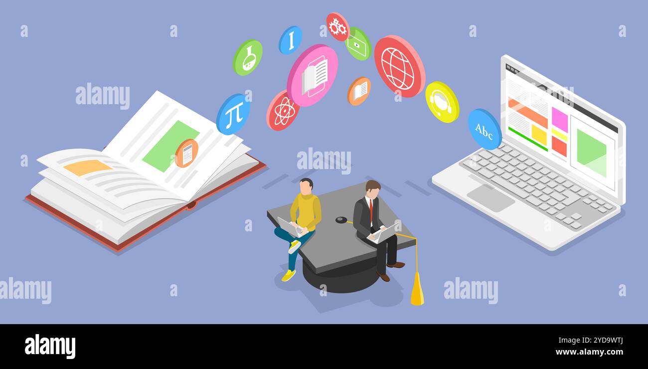 3D Isometric Flat Conceptual Illustration of E-learning, Modern Online ...