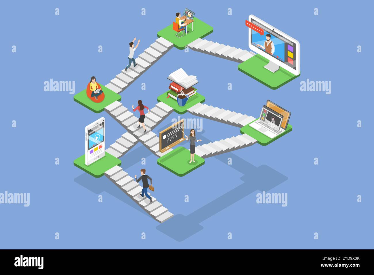 3D Isometric Flat  Conceptual Illustration of Hybrid Learning, Blended Education 3D Isometric Flat  Conceptual Illustration of H Stock Photo