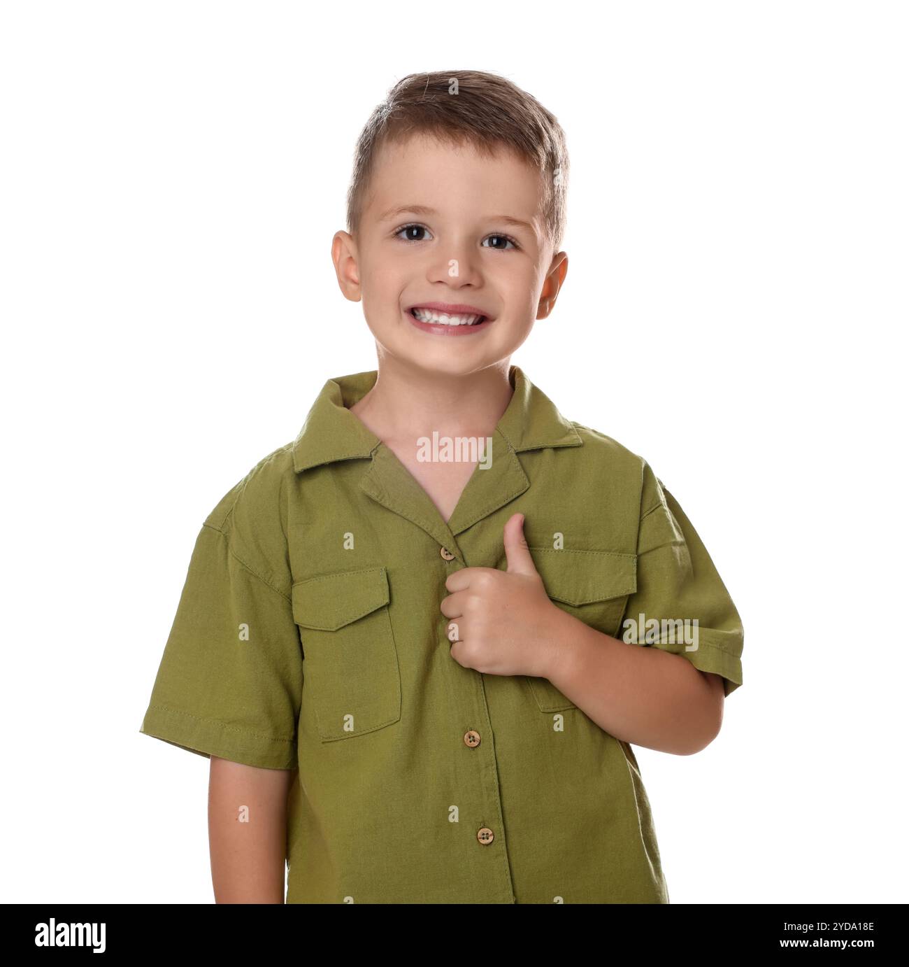 Cute little boy showing thumbs up on white background Stock Photo - Alamy