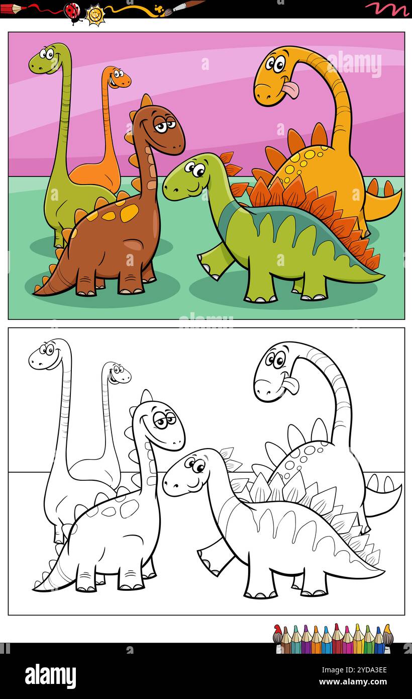 Cartoon illustration of prehistoric dinosaurs animal characters group ...