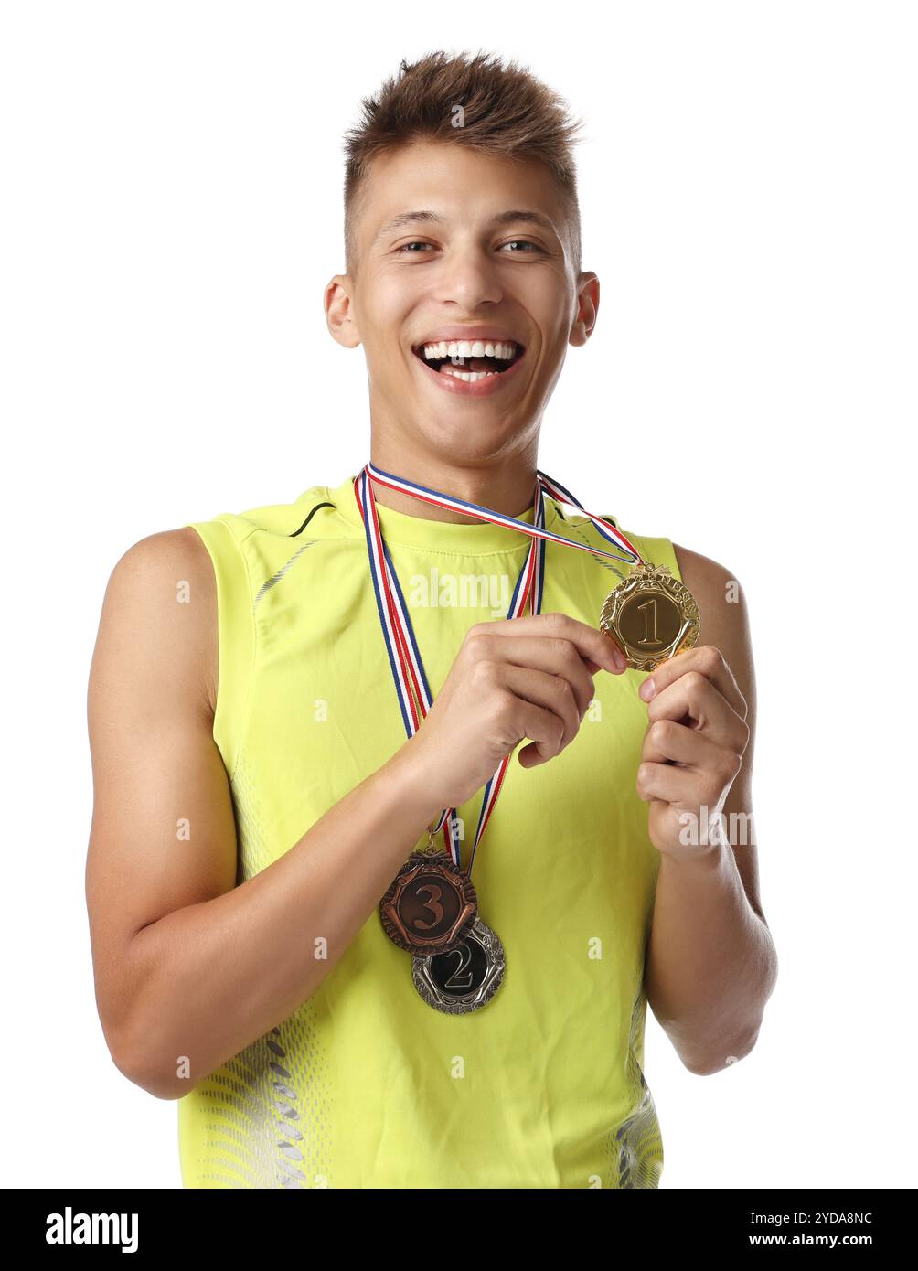 Happy winner with different medals on white background Stock Photo - Alamy