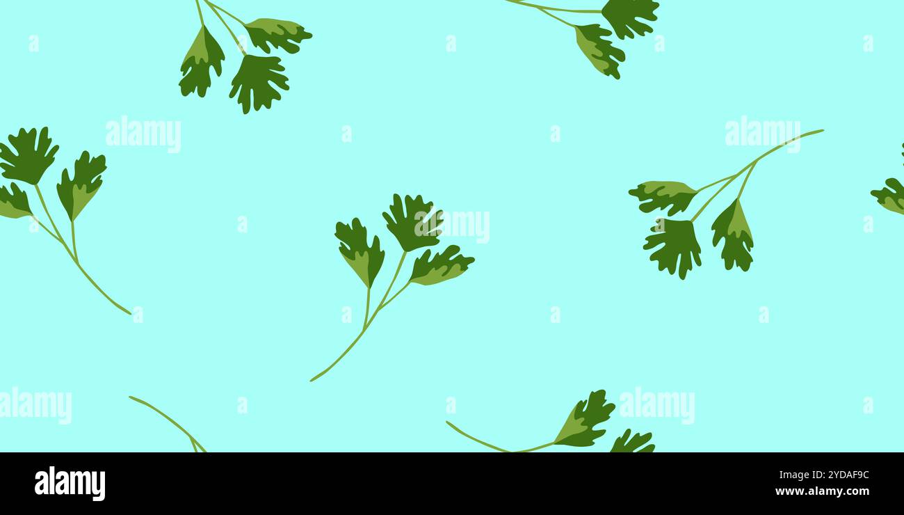 Fresh parsley leaves on light blue background, seamless pattern, vector illustration Stock Vector