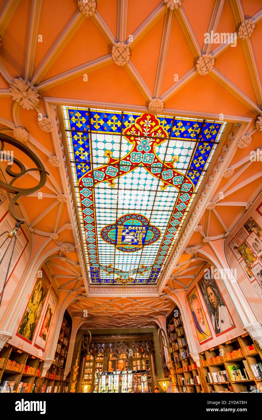 Stain glass sky light at the Lello Bookshop (Livraria Lello) or Harry Potter's bookstore, Porto Portugal. Stock Photo