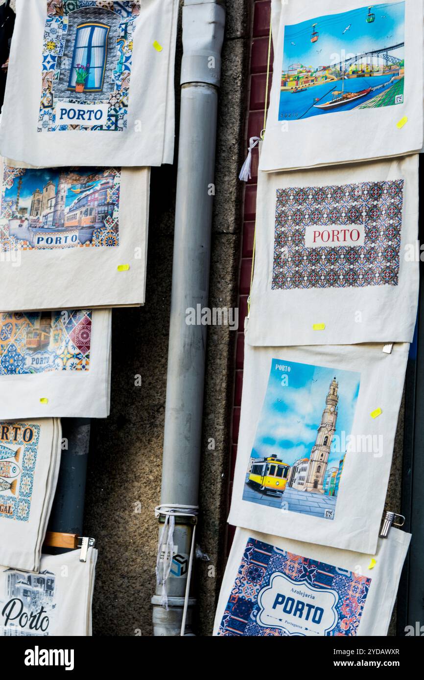 Souvenirs cloth bags, crafts, Porto, Portugal. Stock Photo