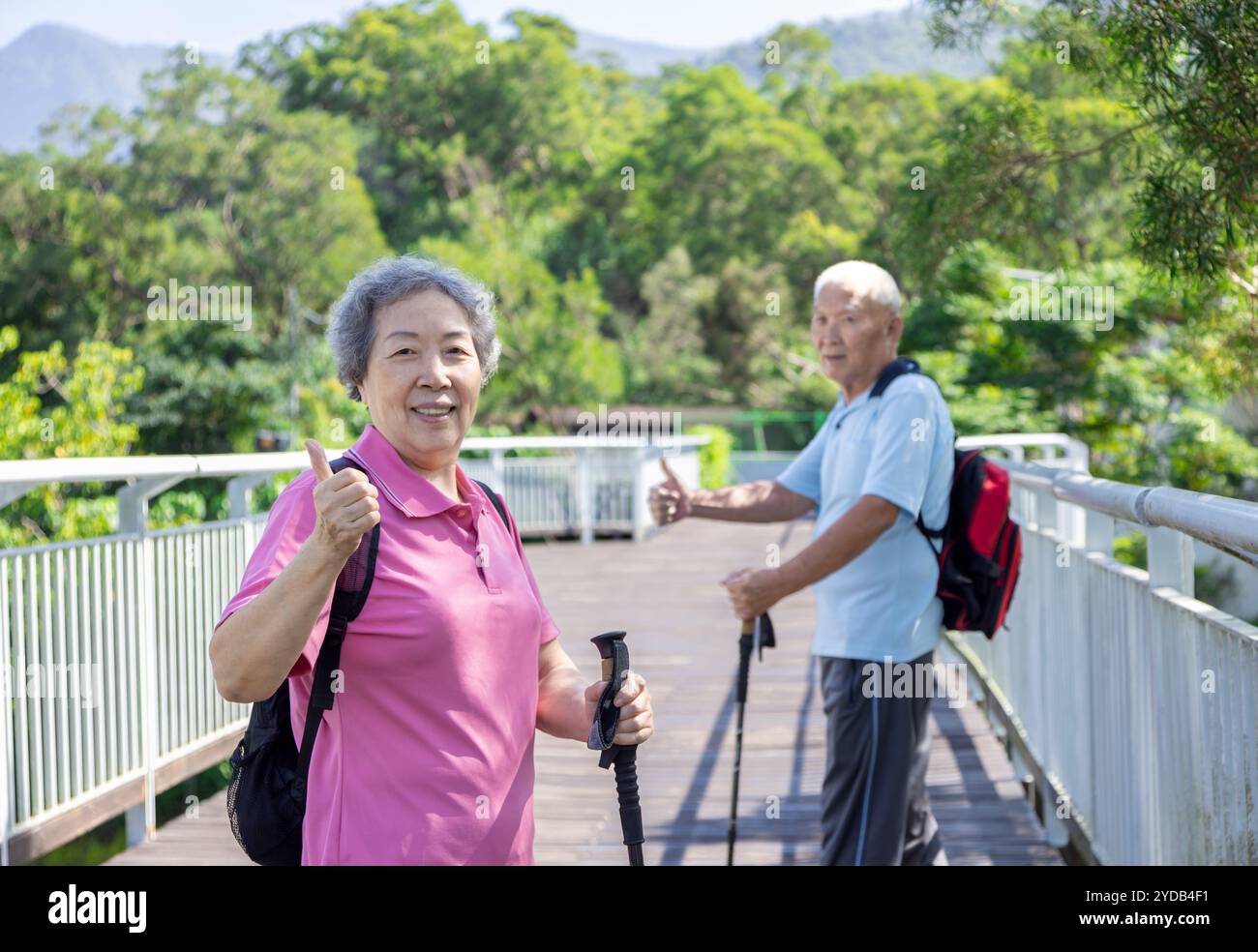 Happy asian senior couple hiking in the nature and showing thumbs up ...