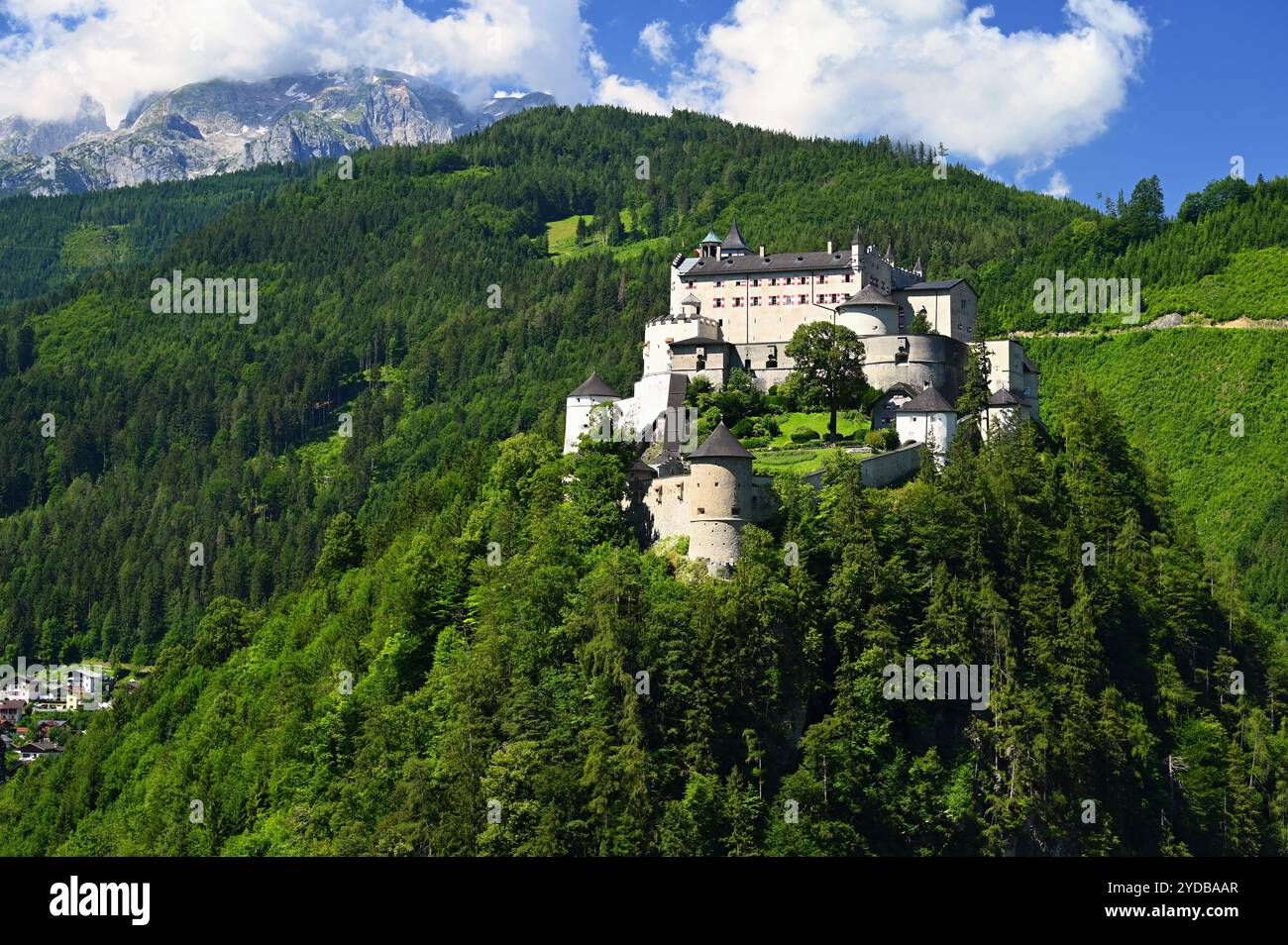 A landscape with nature and a beautiful old castle. Hohenwerfen ...