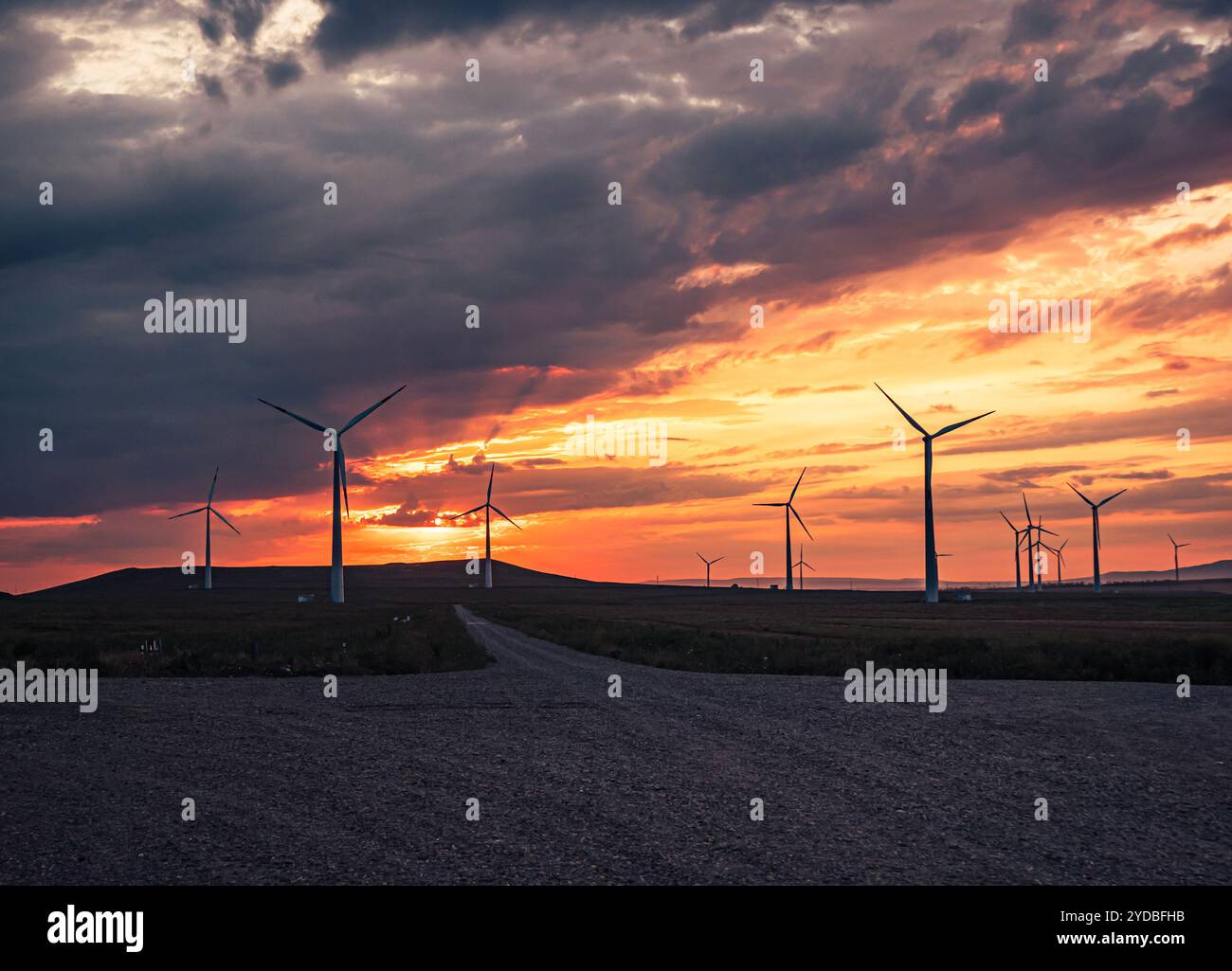 Wind turbines silhouetted against a vibrant sunset over rolling fields ...