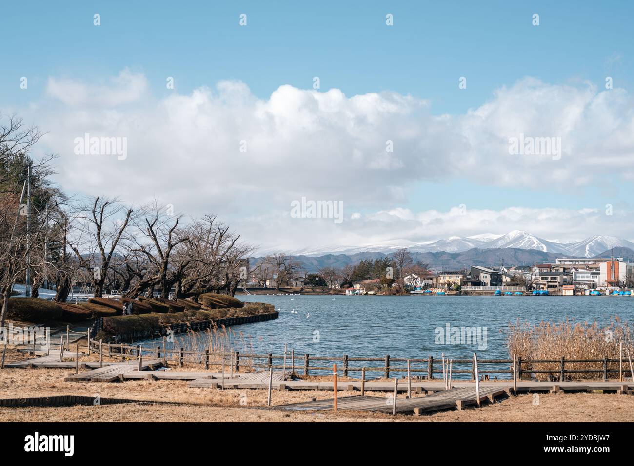 Takamatsu Pond and snowy mountain in Morioka, Iwate, Japan Stock Photo