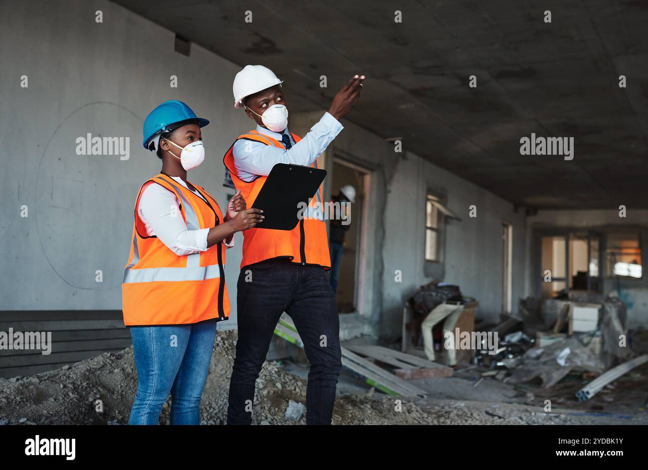 Construction site, architecture and black people with clipboard for ...