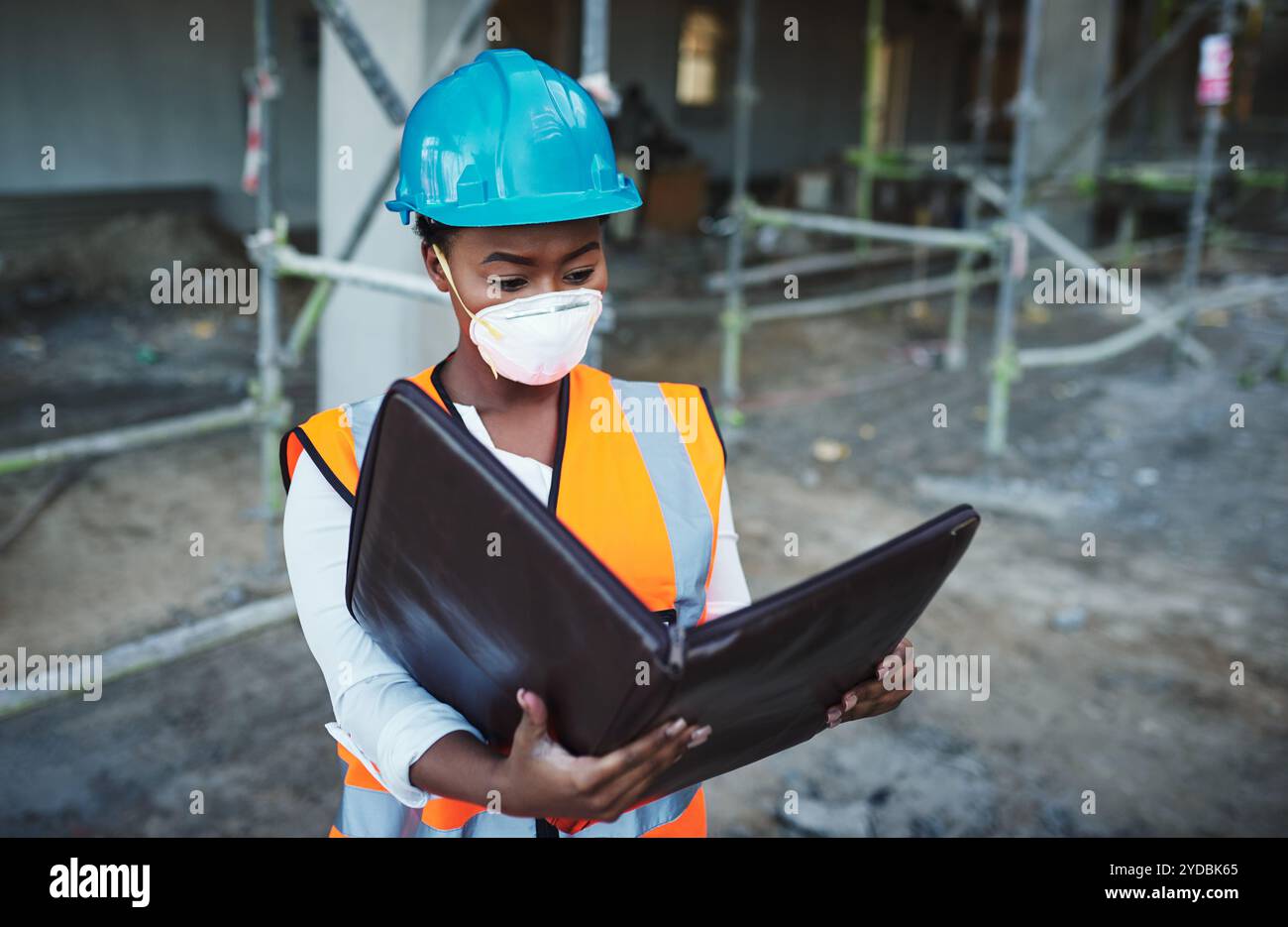 Construction site, architecture and black woman with plans for ...