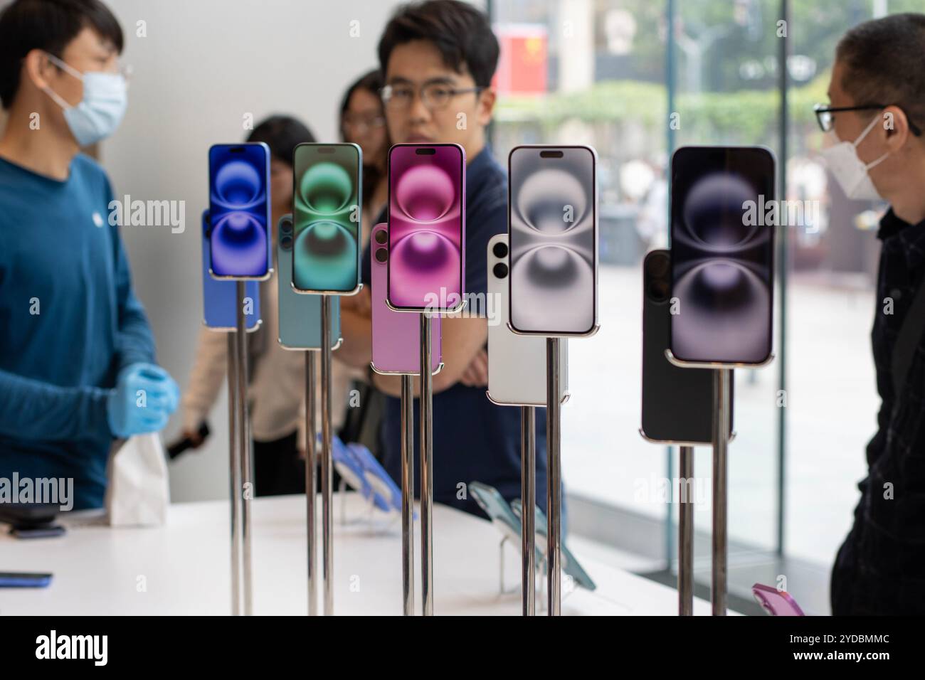 Apple iPhone 16 series are displayed at the Apple Store in Shibuya