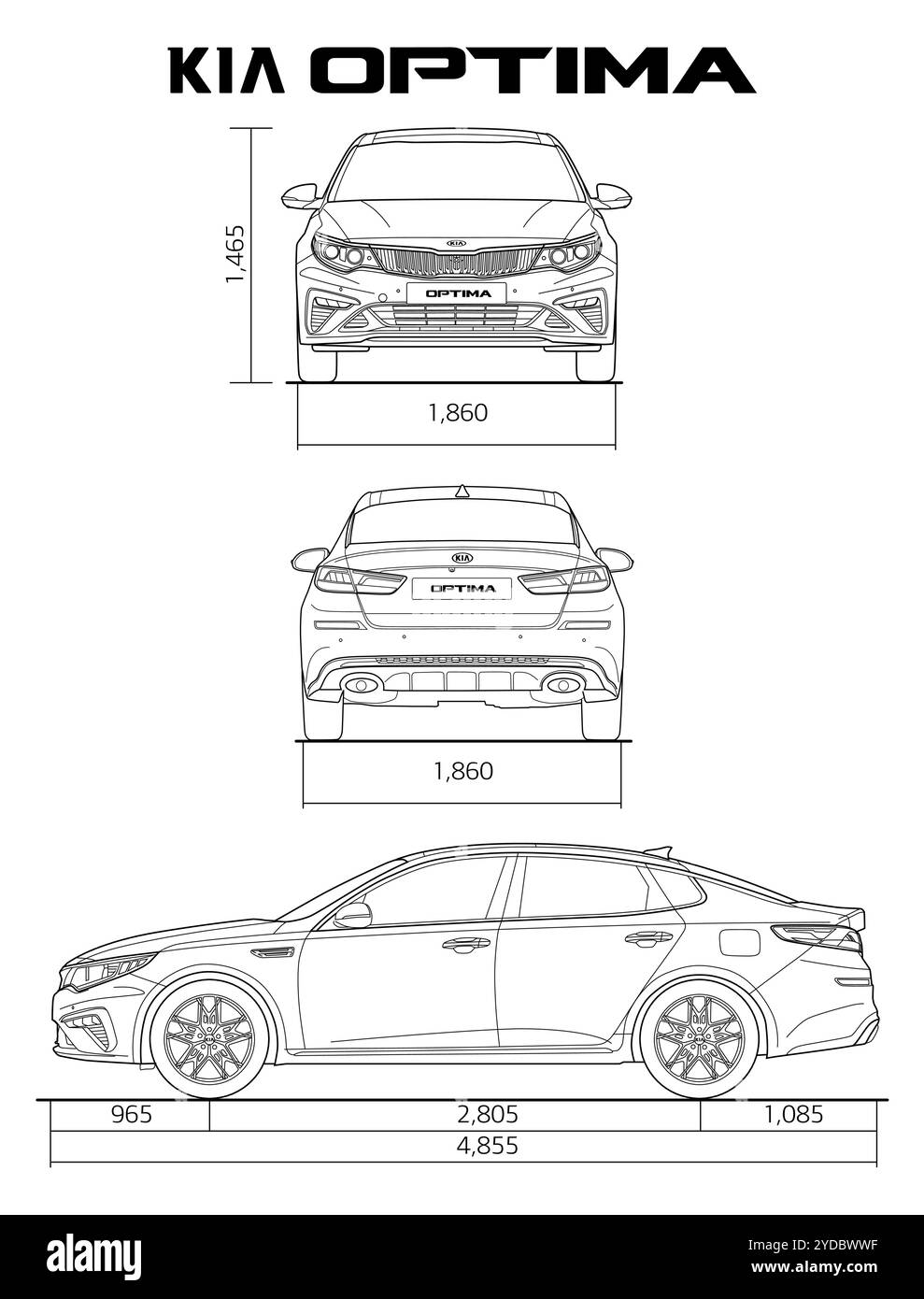 Kia Optima 2018 Car Blueprint Stock Vector