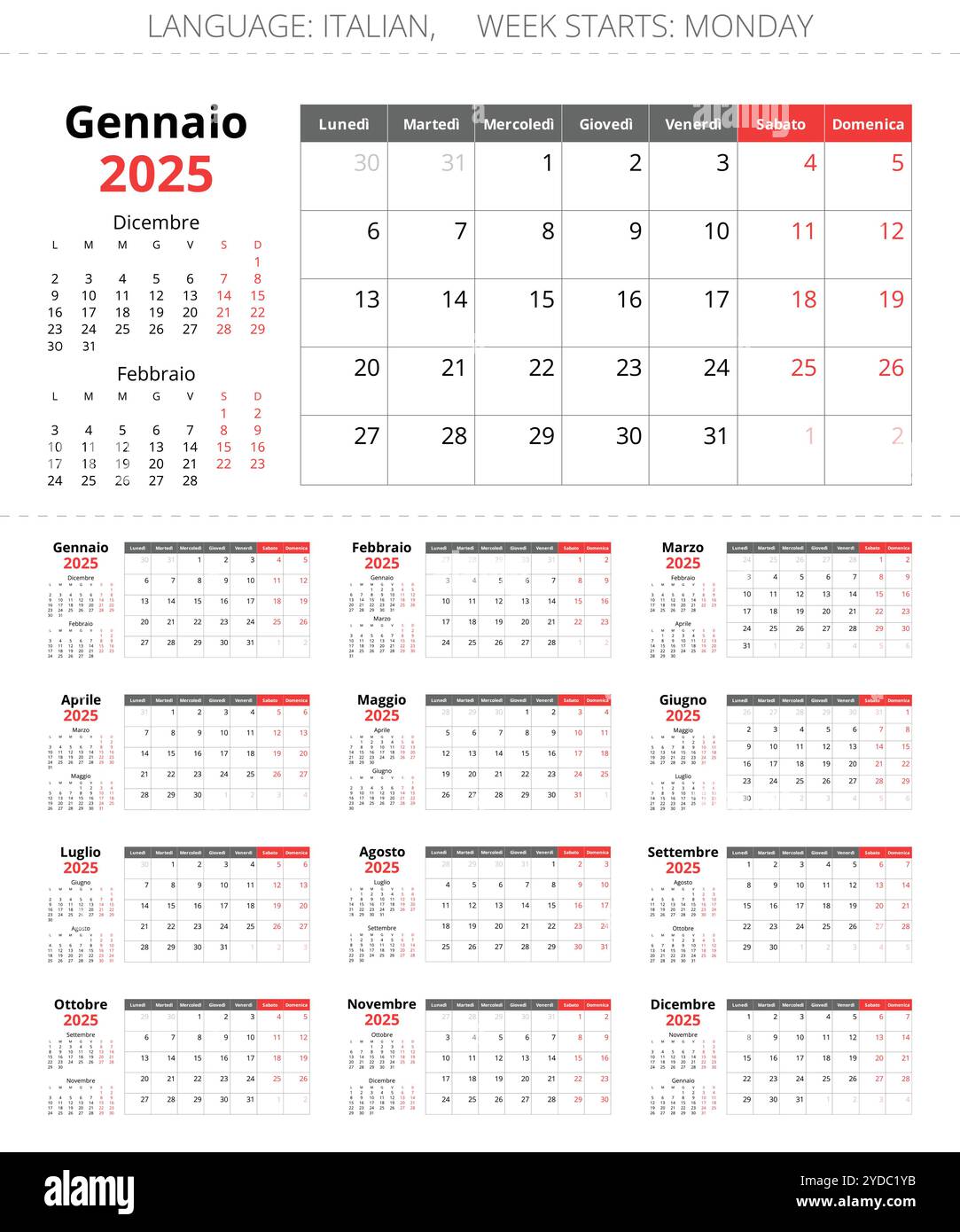 2025 Italian calendars. Printable paper pages of 12 months in year