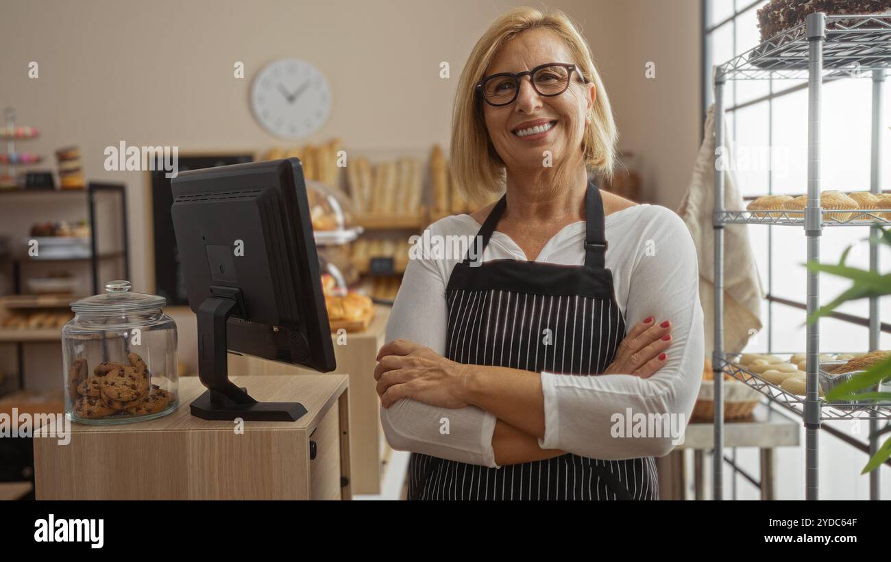 Woman smiling in bakery shop with arms crossed and wearing apron in ...