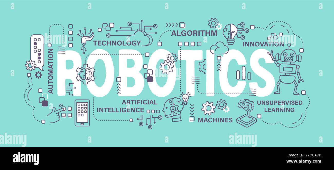 Robotics . Artificial Intelligence or AI concept . Word with outline icon art banner style . Editable stroke . Vector . Stock Vector